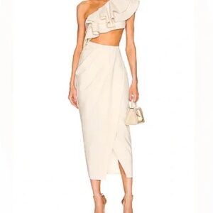 NWT BONHEUR D’AMOUR One-Shoulder Ruffle Cutout Midi Dress Size: Small